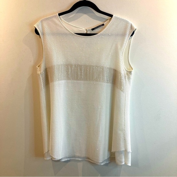 LUISA CERANO Sz 8 Mesh Gold Stripe  Sleeveless Raw Edge Hem Long Line Top - Picture 2 of 12